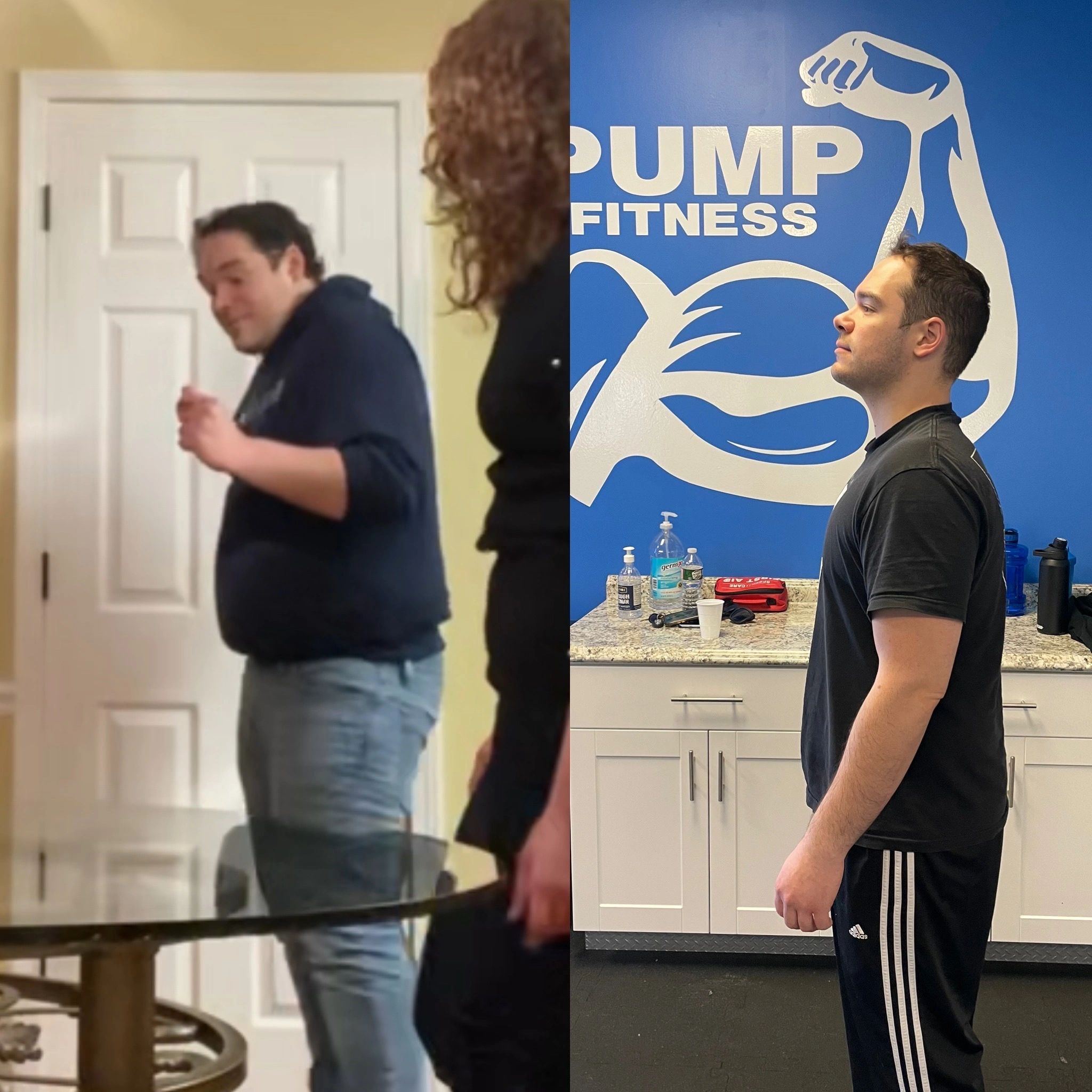 Client before and after weight loss transformation at Pump Fitness